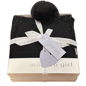Madden Girl Black Hat w/Pom Pom & Black Textured Glitter Scarf NIB Gift